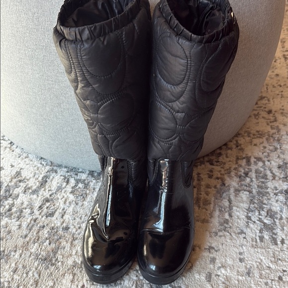 Coach Cantina black quilted patent wedge platform winter boots mid calf 8B - Picture 1 of 15